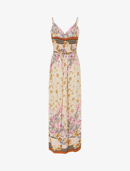 Robe longue empire à bretelles imprimé floral - Beige - 2