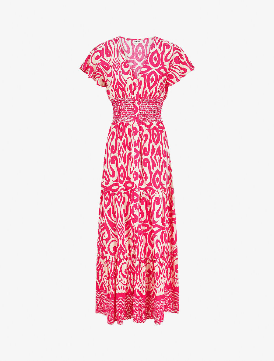 Robe longue à manches courtes imprimé graphique - Fuchsia - 4