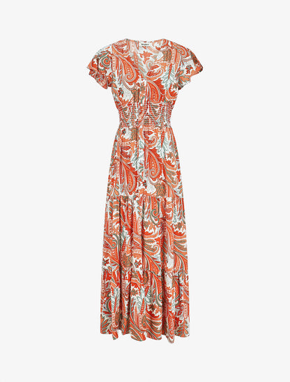 Robe longue à manches courtes imprimé cachemire - Orange - 5