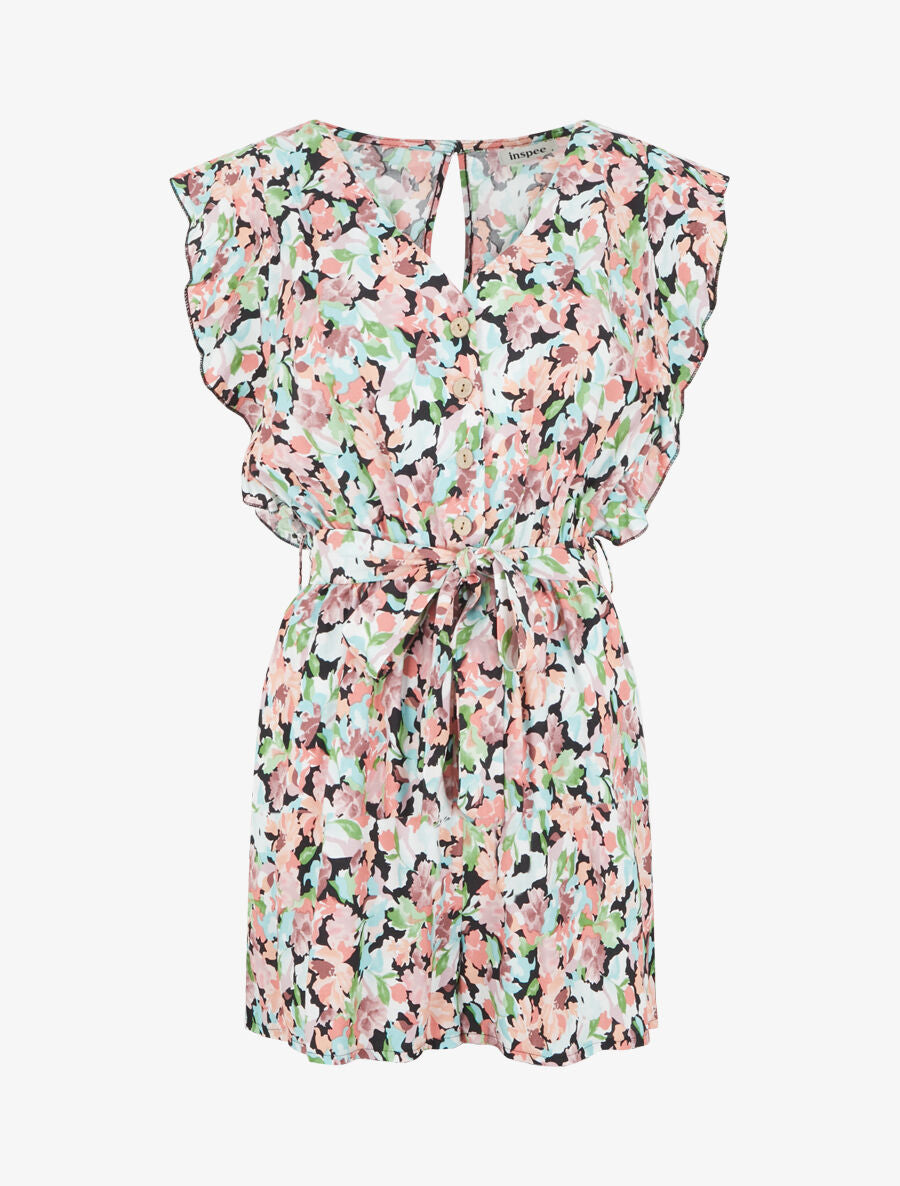 Combishort fleuri à manches volantées - Noir - 4