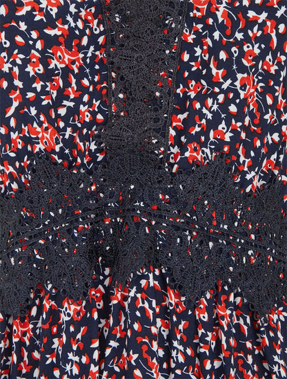 Robe longue fleuri à detail broderies - Marine - 3