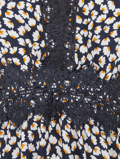 Robe longue fleurs à detail broderies - Marine - 3