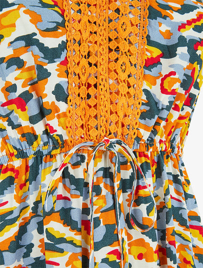 Robe mi-longue imprimé abstrait à cordons de serrage - Orange - 3