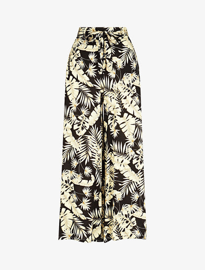 Pantalon fluide élastiqué imprimé feuillage - Noir - 1