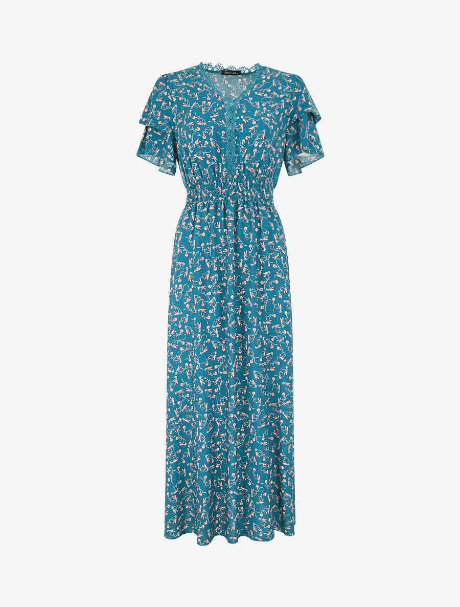 Robe longue élastiquée imprimé fleuri - Bleu canard - 7