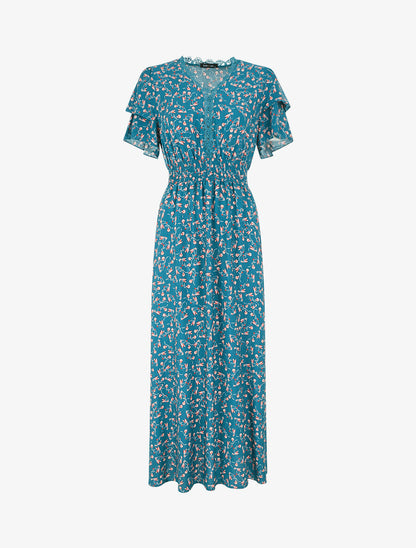 Robe longue élastiquée imprimé fleuri - Bleu canard - 7