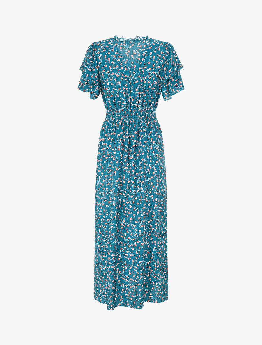 Robe longue élastiquée imprimé fleuri - Bleu canard - 3