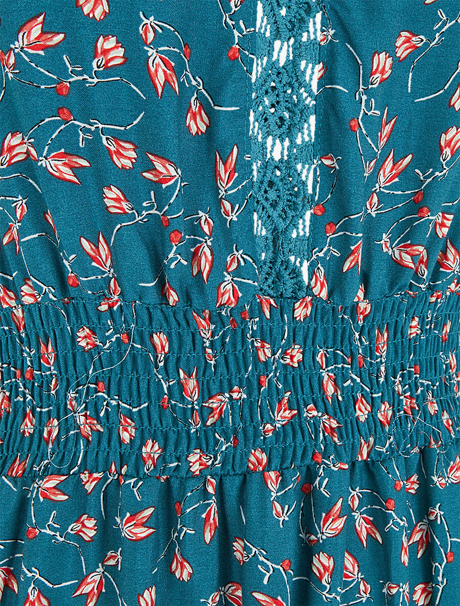 Robe longue élastiquée imprimé fleuri - Bleu canard - 4