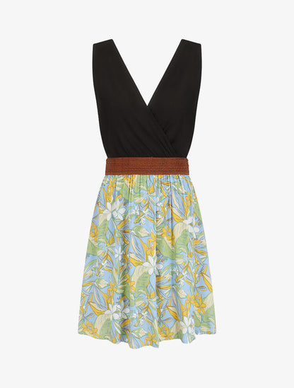 Robe élastiquée à jupe imprimé fleuri - Jaune - 1