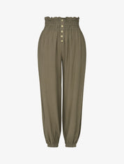 Pantalon uni à bords élastiqués et boutons décoratifs - Kaki - 1