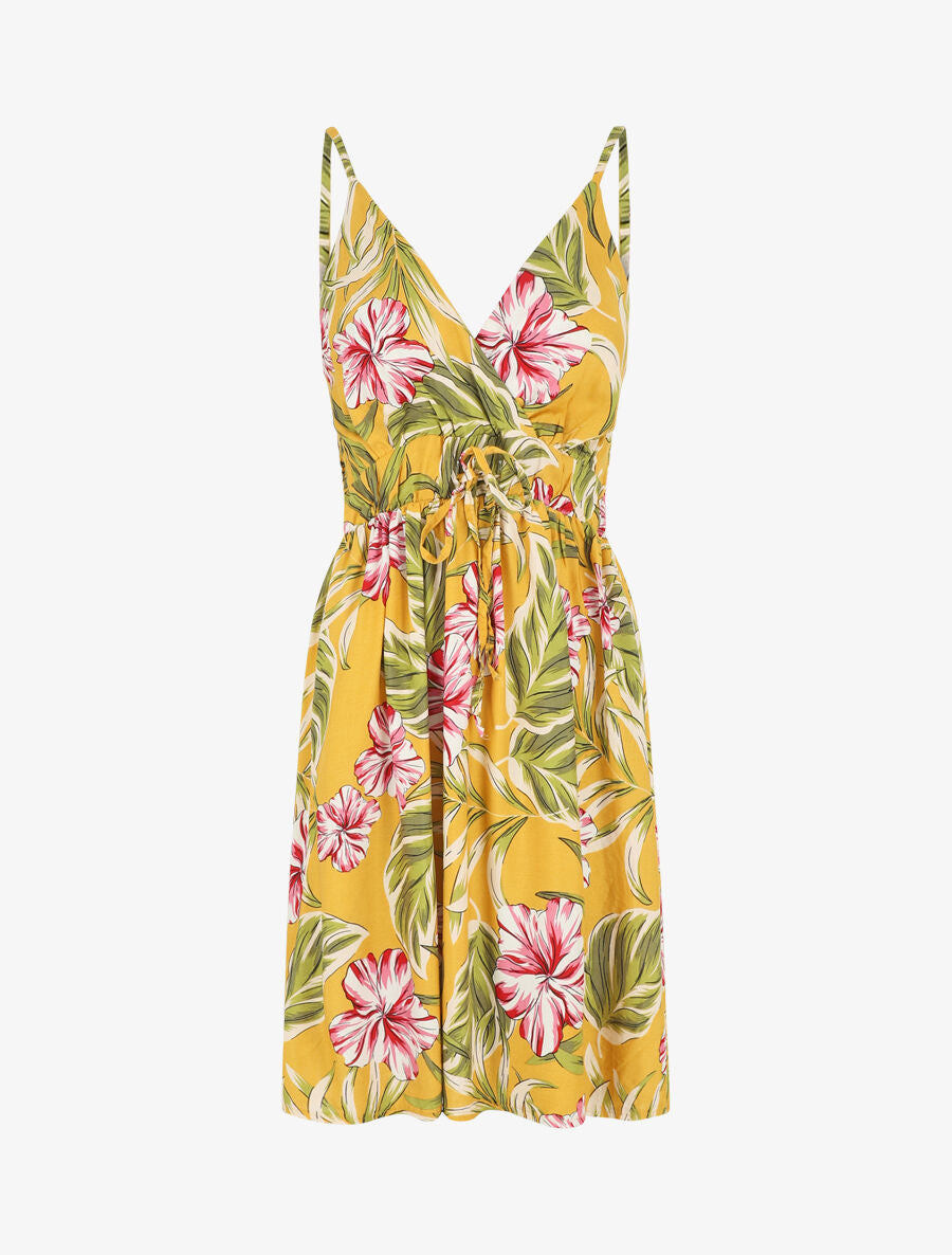 Robe à fines bretelles imprimé tropical - Jaune - 4