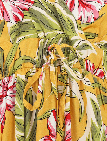 Robe à fines bretelles imprimé tropical - Jaune - 3