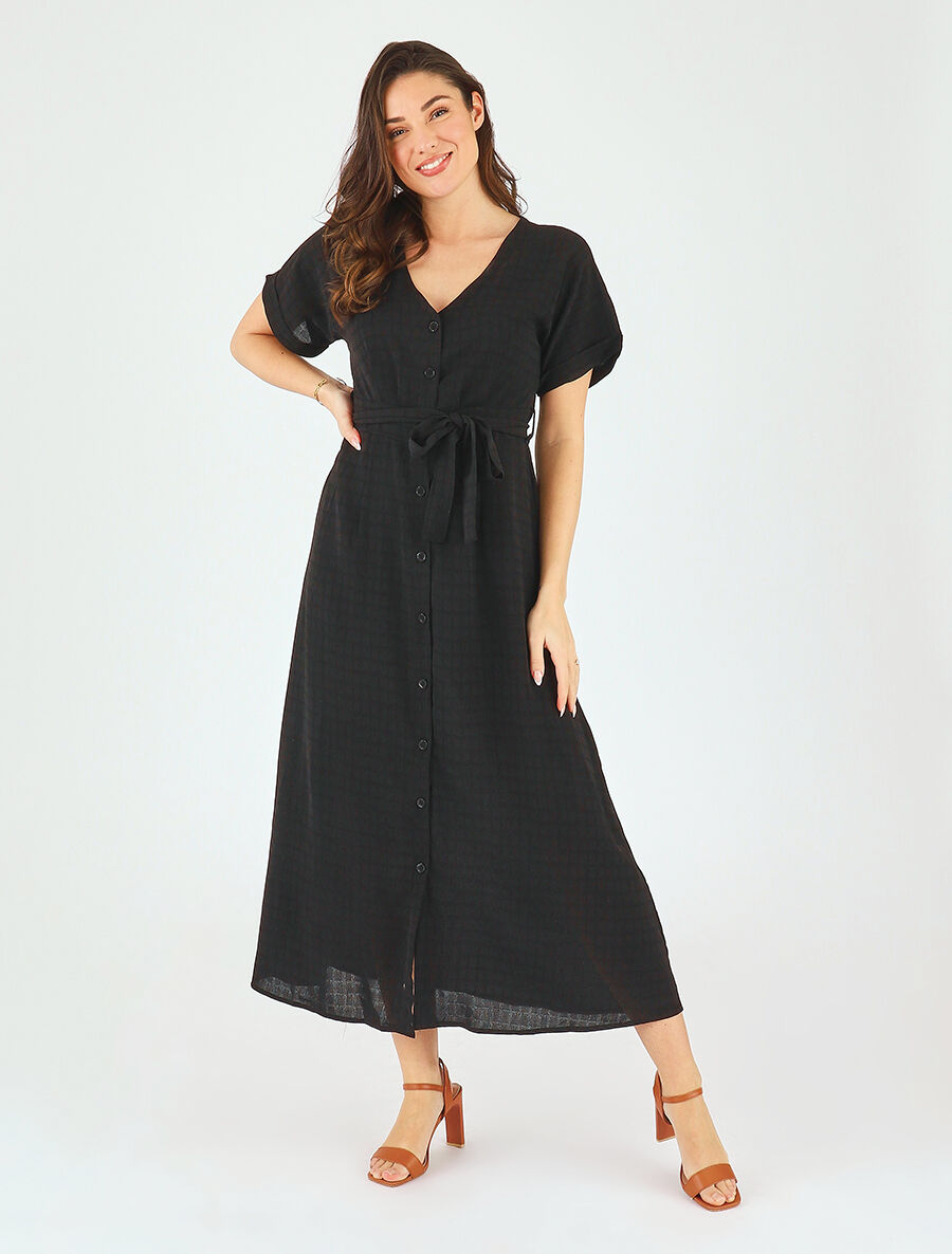 Robe longue évasée manches courtes - Noir - 4