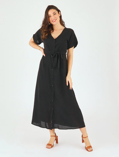 Robe longue évasée manches courtes - Noir - 4