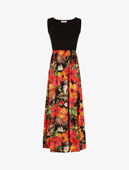 Robe longue sans manches imprimé tropical - Noir - 1