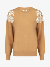 Pull uni à broderies fleuries aux épaules - Camel - 1