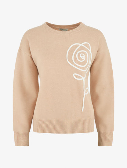 Pull uni à broderie fleur - Taupe - 1