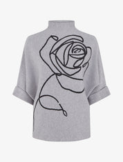 Pull ample manches 3/4 motif rose - Gris - 1