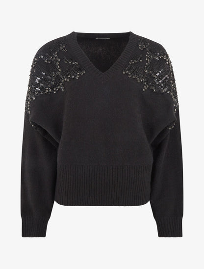 Pull uni à empiècement strass et perles aux épaules - Noir - 1