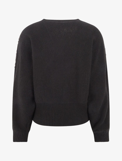 Pull uni à empiècement strass et perles aux épaules - Noir - 2