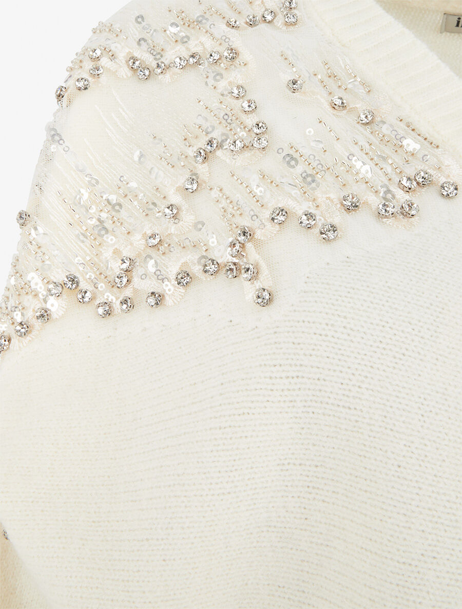 Pull uni à empiècement strass et perles aux épaules - Écru - 3