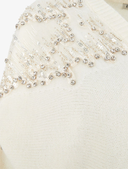 Pull uni à empiècement strass et perles aux épaules - Écru - 3