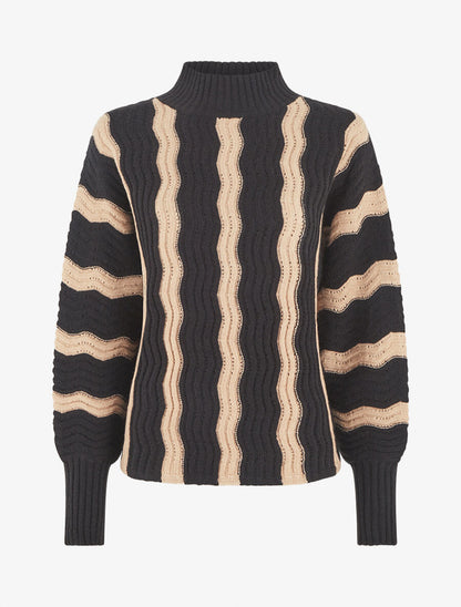 Pull ample à col montant et rayures - Noir - 1