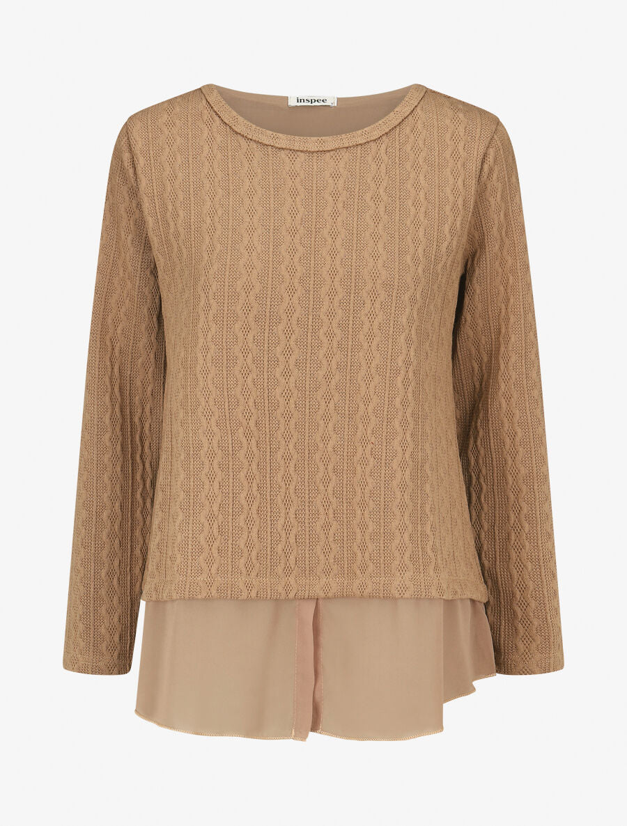 Pull bi matière uni - Taupe - 1