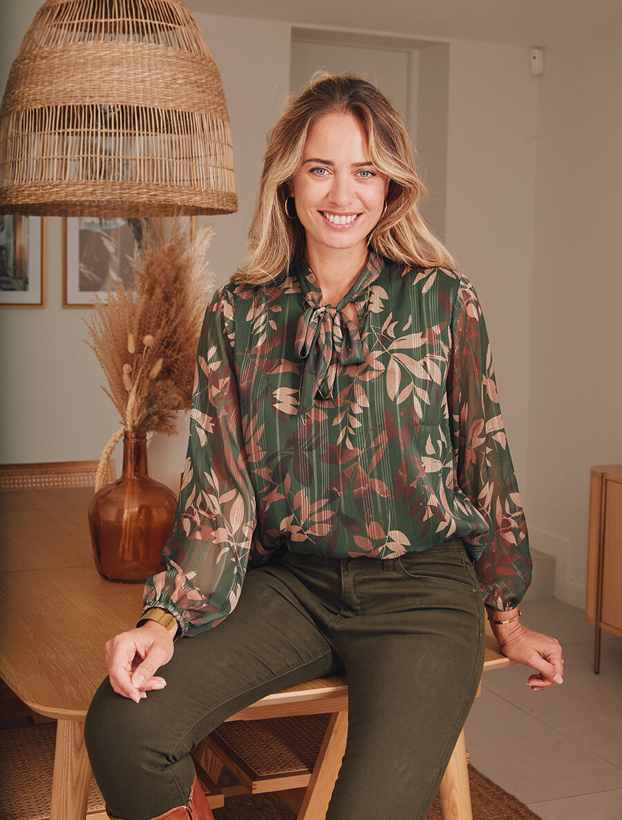 Blouse en voile imprimé feuillage - Kaki - 4