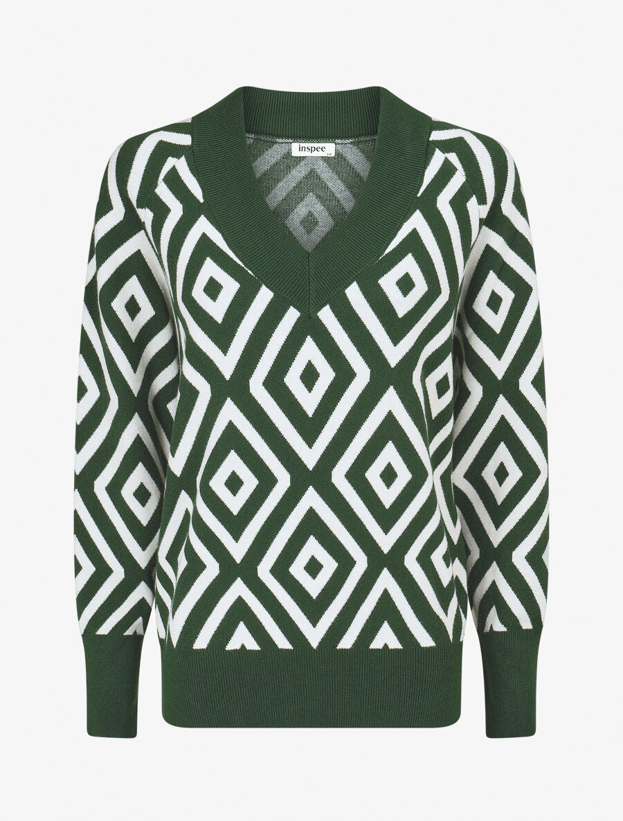 Pull imprimé losanges à col V - Vert sapin - 5