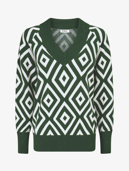 Pull imprimé losanges à col V - Vert sapin - 5