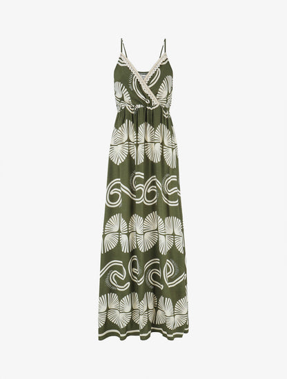 Robe longue à fines bretelles imprimé fantaisie - Kaki - 1