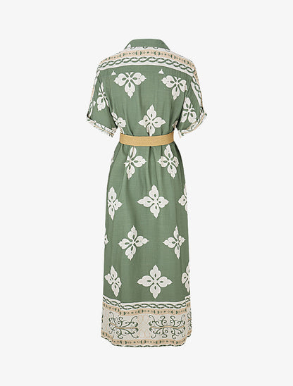 Robe chemise longue manches courtes imprimé floral - Vert olive - 2