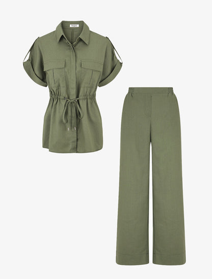 Ensemble chemise et pantalon uni effet lin - Kaki - 2