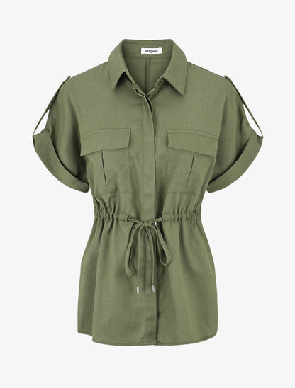 Ensemble chemise et pantalon uni effet lin - Kaki - 3