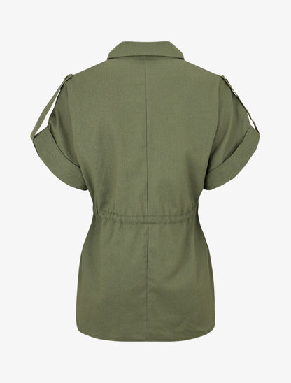 Ensemble chemise et pantalon uni effet lin - Kaki - 4