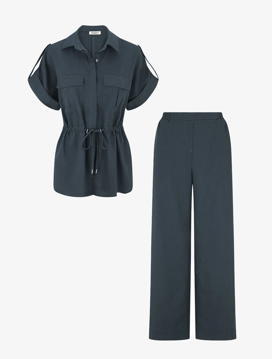Ensemble chemise et pantalon uni effet lin - Bleu pétrole - 7
