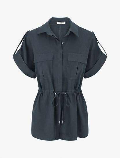 Ensemble chemise et pantalon uni effet lin - Bleu pétrole - 3