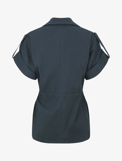 Ensemble chemise et pantalon uni effet lin - Bleu pétrole - 4