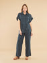 Ensemble chemise et pantalon uni effet lin - Bleu pétrole - 1