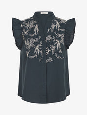 Blouse brodée sans manches à épaules volantées - Bleu pétrole - 1