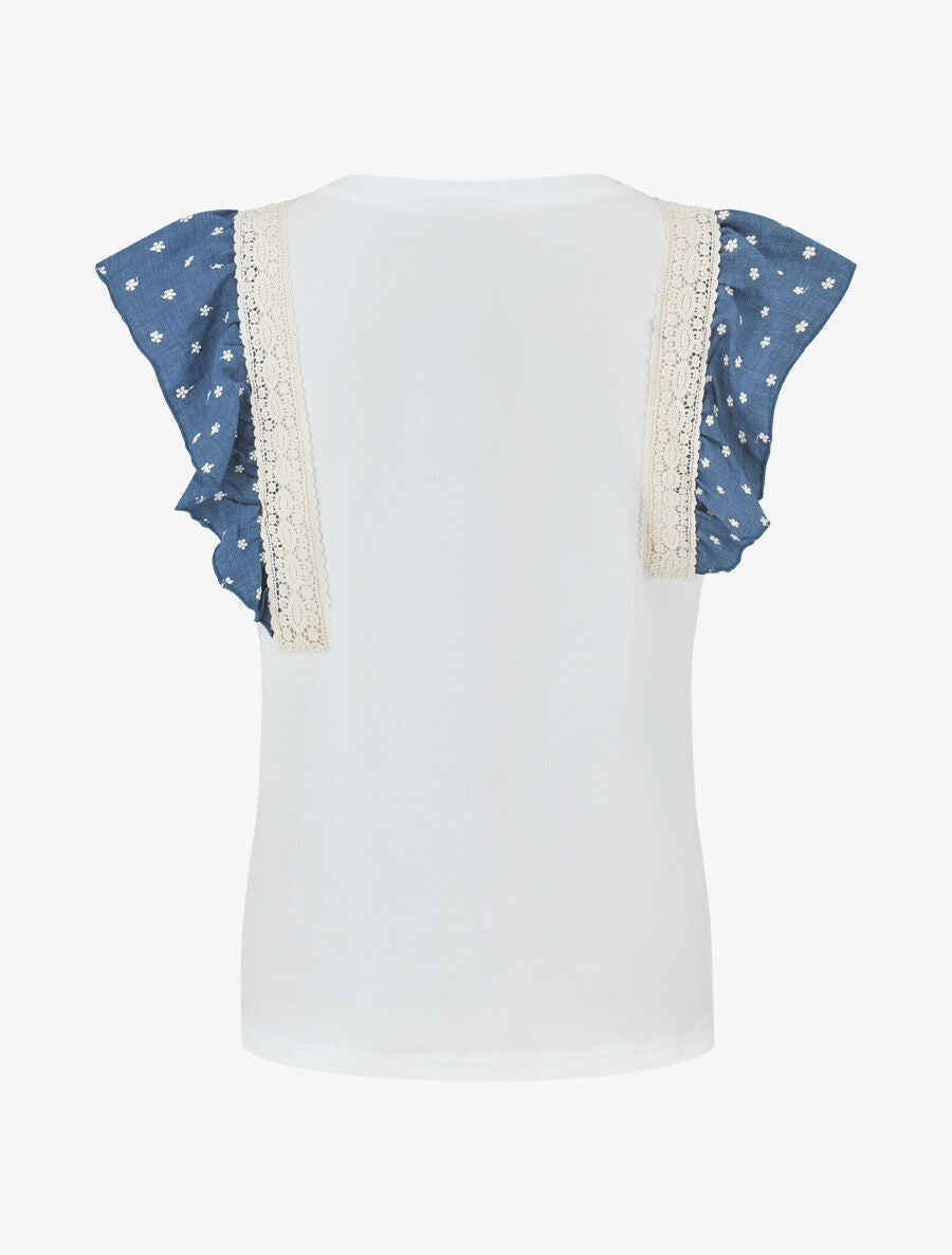 Top en coton à mancherons volantés à fleurs - Blanc/bleu - 2