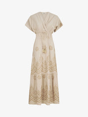 Robe longue empire à manches courtes et broderies - Beige - 1