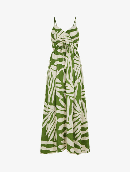 Robe longue à fines bretelles imprimé feuillage - Vert - 1