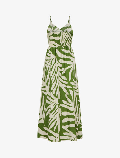 Robe longue à fines bretelles imprimé feuillage - Vert - 2