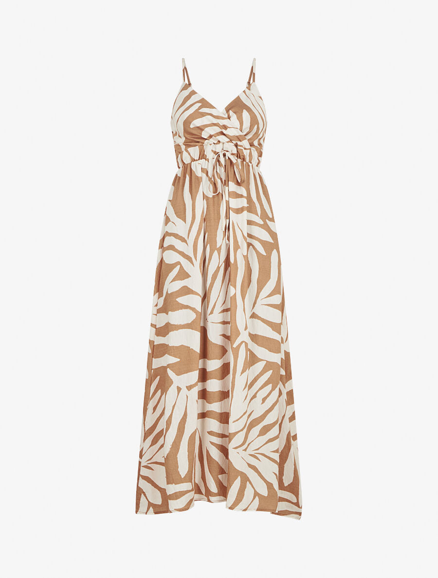Robe longue à fines bretelles imprimé feuillage - Camel - 4