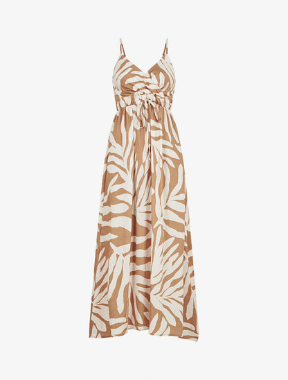 Robe longue à fines bretelles imprimé feuillage - Camel - 4