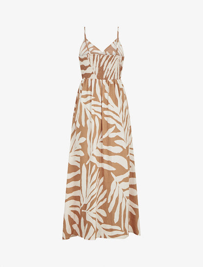 Robe longue à fines bretelles imprimé feuillage - Camel - 2