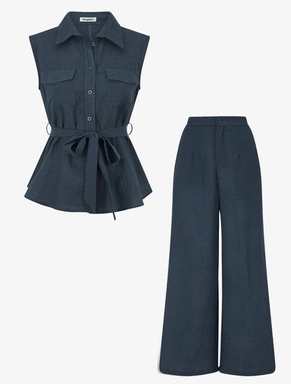 Ensemble top sans manches et pantalon - Bleu pétrole - 7
