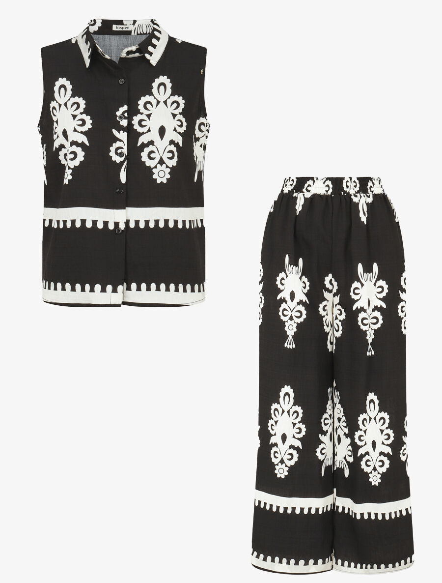 Ensemble top sans manches et pantalon imprimé ikat - Noir - 7
